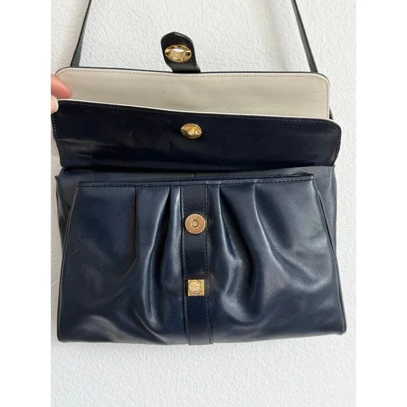 Vintage Salvatore Ferragamo Shoulder Bag Medium Navy Blue Leather Gold Hardware - Picture 5 of 11